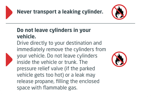 Never transport a leaking cylinder; Do not leave cylinders in your vehicle.